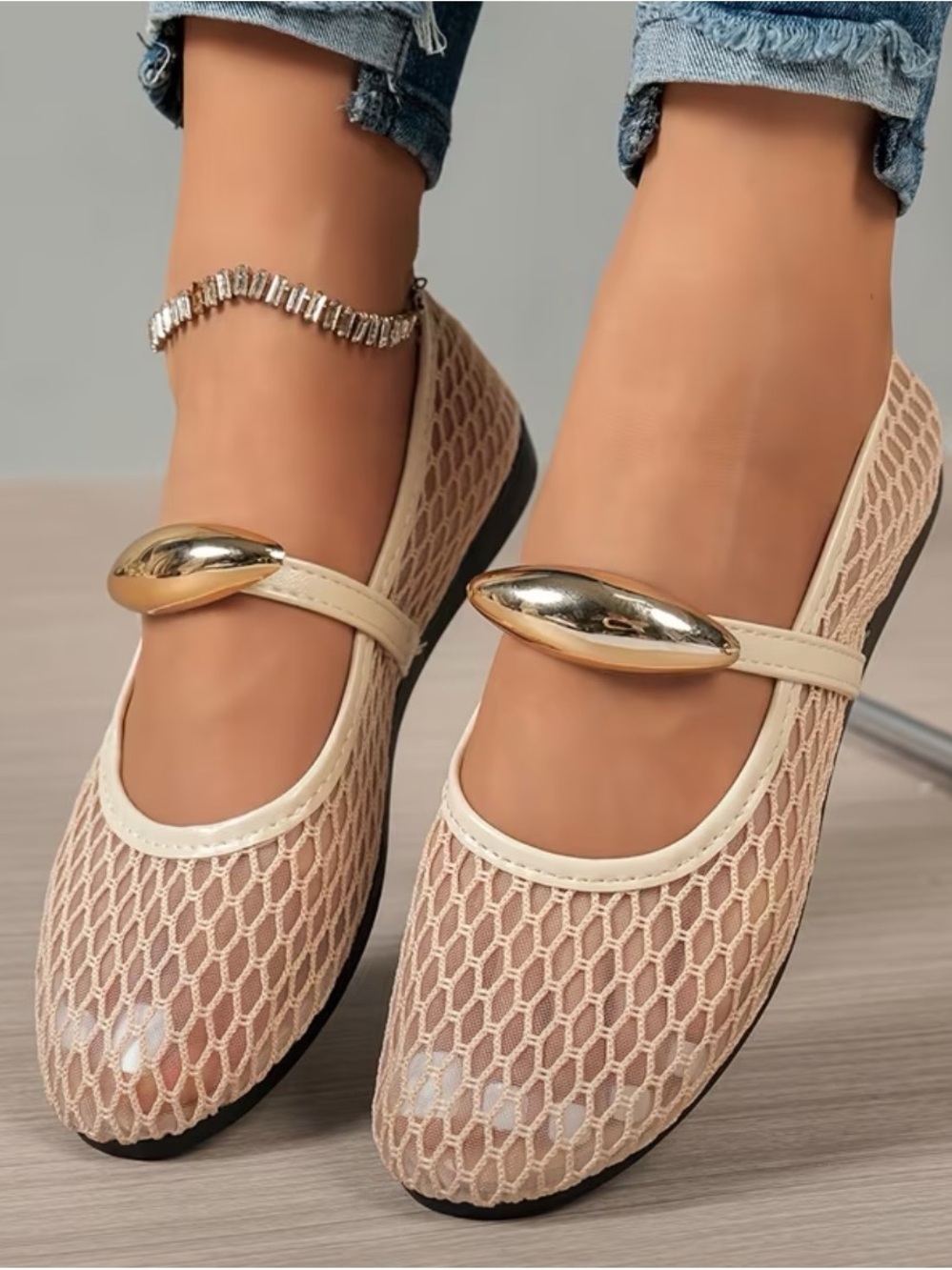 Women’s Cream Mesh Mary Jane Flats with Gold Accent